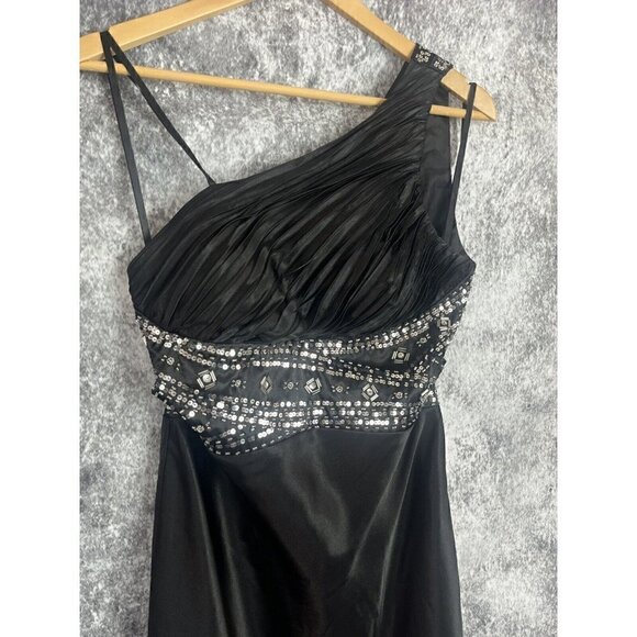 Mxi Dress Women 7 / 8 Black Beaded Asymmetrical Satin Gatsby Formal Regency Lux - Picture 2 of 12